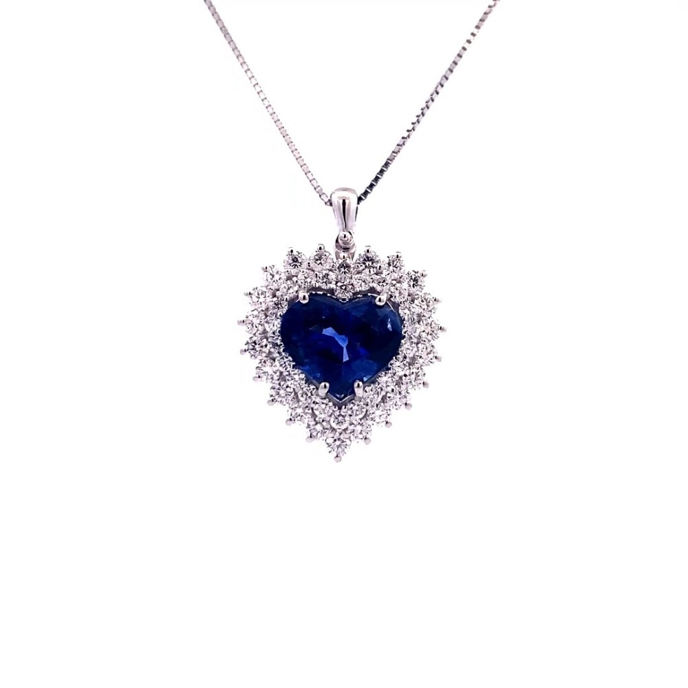 Ciondolo con Zaffiro, Royal Blue, taglio Cuore e Diamanti Naturali in Oro Bianco