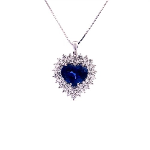 Ciondolo con Zaffiro, Royal Blue, taglio Cuore e Diamanti Naturali in Oro Bianco