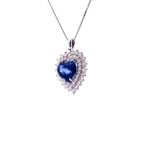 Ciondolo con Zaffiro, Royal Blue, taglio Cuore e Diamanti Naturali in Oro Bianco