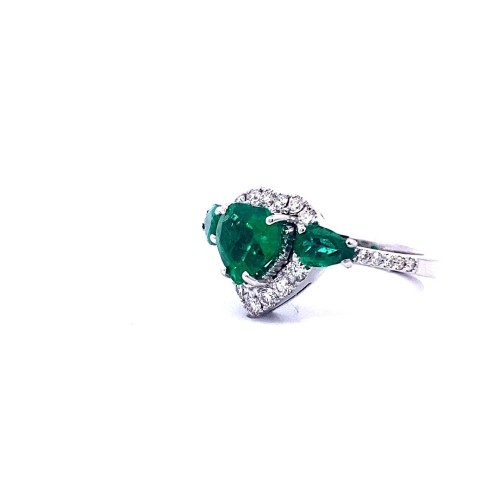 Anello con Smeraldo Cuore e Gocce Naturali e Diamanti Brillanti in Oro Bianco