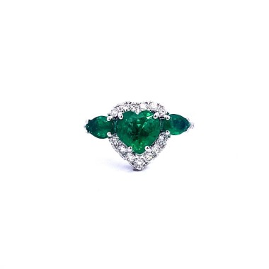 Anello con Smeraldo Cuore e Gocce Naturali e Diamanti Brillanti in Oro Bianco
