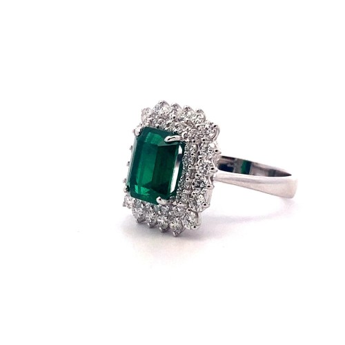 Anello con Smeraldo Rettangolare Naturale e Doppio Giro di Diamanti in Oro Bianco