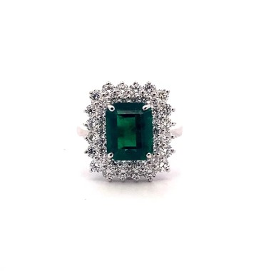 Anello con Smeraldo Rettangolare Naturale e Doppio Giro di Diamanti in Oro Bianco