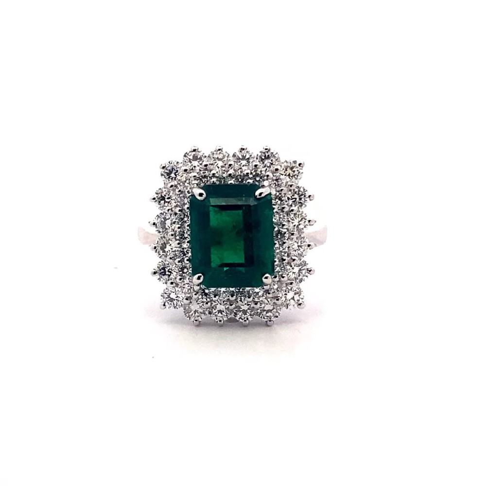 Anello con Smeraldo Rettangolare Naturale e Doppio Giro di Diamanti in Oro Bianco