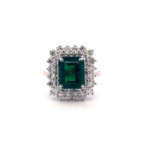 Anello con Smeraldo Rettangolare Naturale e Doppio Giro di Diamanti in Oro Bianco