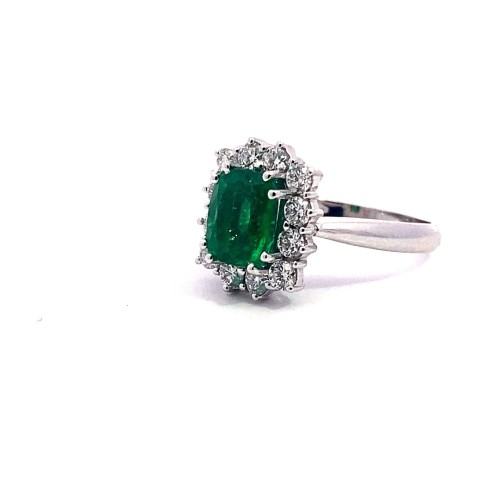 Anello con Smeraldo Rettangolare Naturale e Diamanti in Oro Bianco