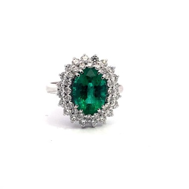 Anello con Smeraldo Naturale Ovale e Doppio Giro di Diamanti in Oro Bianco