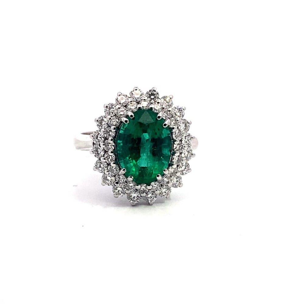 Anello con Smeraldo Naturale Ovale e Doppio Giro di Diamanti in Oro Bianco
