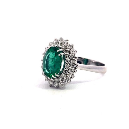 Anello con Smeraldo Naturale Ovale e Doppio Giro di Diamanti in Oro Bianco