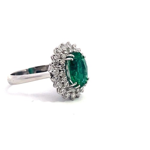 Anello con Smeraldo Naturale Ovale e Doppio Giro di Diamanti in Oro Bianco
