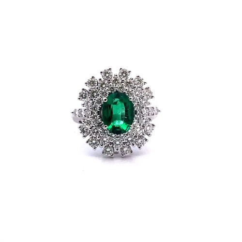 Anello con Smeraldo Ovale e Diamanti Naturali in Oro Bianco