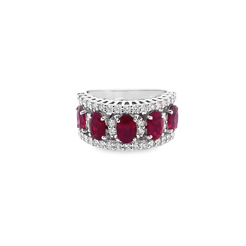 Anello Fascia con Rubini Ovali e Diamanti in Oro Bianco