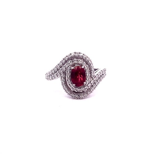 Anello con Rubino Naturale Ovale e Diamanti in Oro Bianco