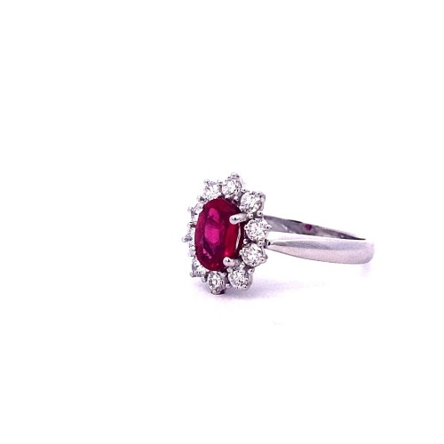 Anello Classico con Rubino Certificato e Diamanti in Oro Bianco