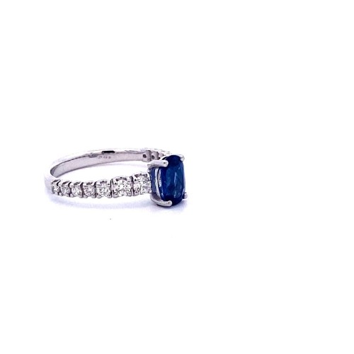 Anello con Zaffiro Ovale e Diamanti su Gambo in Oro Bianco
