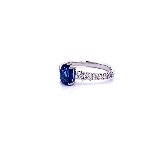 Anello con Zaffiro Ovale e Diamanti su Gambo in Oro Bianco