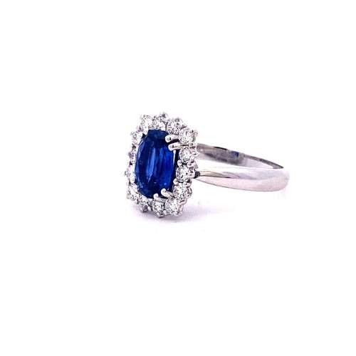 Anello con Zaffiro Cornflower Ovale e Diamanti in Oro Bianco