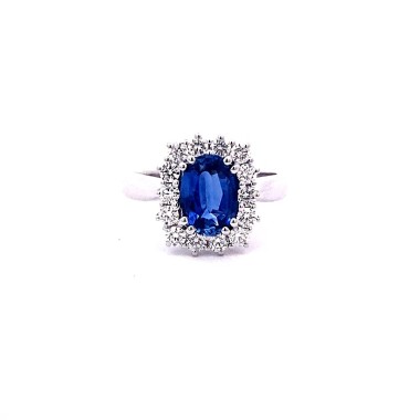 Anello con Zaffiro Cornflower Ovale e Diamanti in Oro Bianco