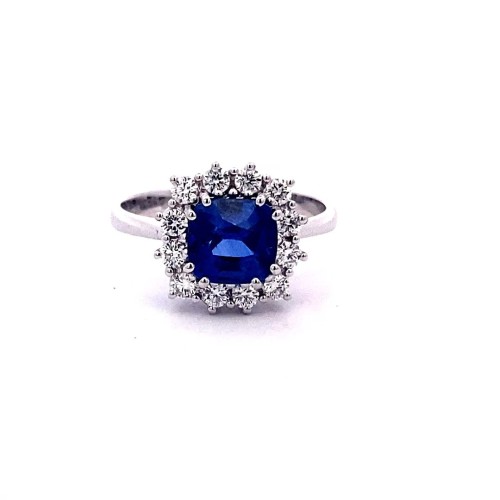 Anello con Zaffiro Cornflower Cushion e Diamanti in Oro Bianco