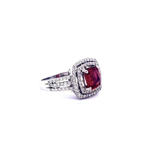 Anello con Rubino Naturale Certificato Taglio Cuscino e Diamanti in Oro Bianco