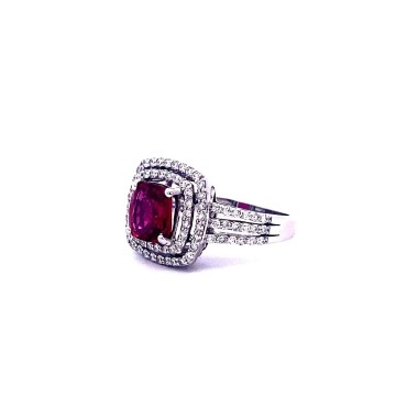 Anello con Rubino Certificato Taglio Cuscino e Diamanti in Oro Bianco
