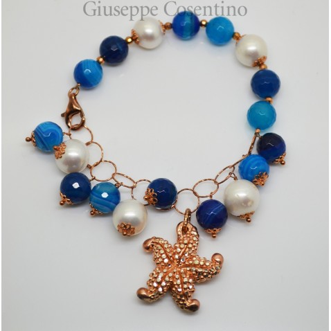 Bracciale in argento rosa 925 millesimi con agate e perle coltivate in acqua dolce Bracciale in argento rosa 925 millesimi con agate e perle coltivate in acqua dolce