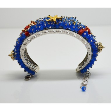 Bracciale in argento bianco, rosa e giallo con agate e corallo