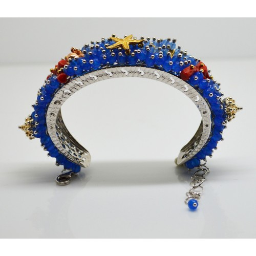 Bracciale in argento bianco, rosa e giallo con agate e corallo