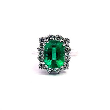 Anello con Smeraldo Naturale Colombiano Rettangolare e Diamanti Naturali in Oro Bianco 18 Carati