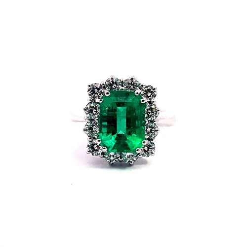 Anello con Smeraldo Naturale Colombiano Ovale e Diamanti in Oro Bianco 18 Carati