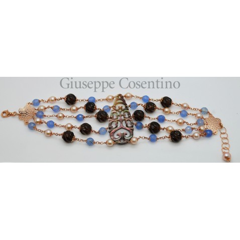 Bracciale in argento rosa 925 millesimi con madreperla, agate blu e quarzi Bracciale in argento rosa 925 millesimi con madreperla, agate blu e quarzi