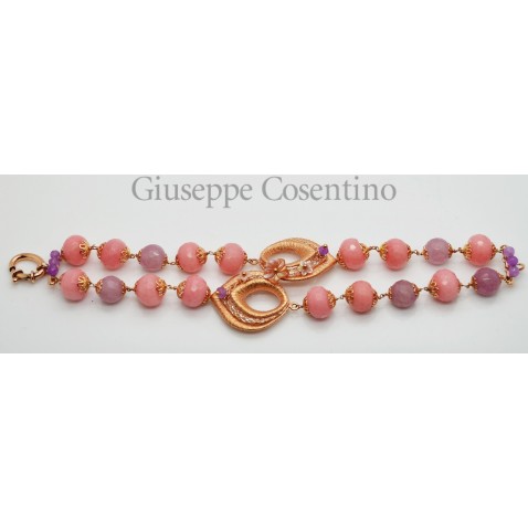 Bracciale in argento rosa 925 millesimi con fiori di madreperla rosa e agate