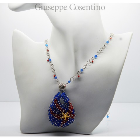 Collier in argento bianco e giallo 925 millesimi con agate e corallo