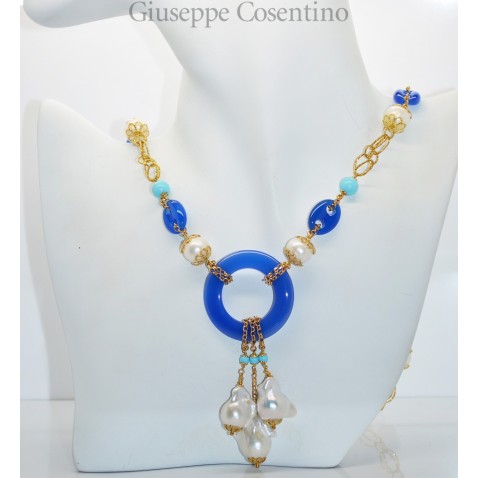 Collier in argento giallo 925 millesimi con agate, pasta di turchese e perle