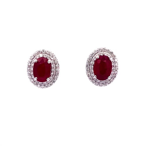 Orecchini con Rubini Naturali Ovali e Doppio Giro di Diamanti Naturali
