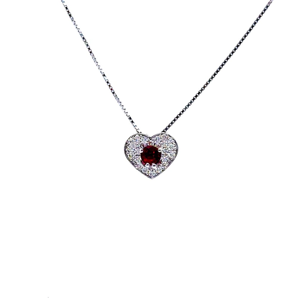 Collana con Pendente a Forma di Cuore con Rubino ct 0,31 e Diamanti Naturali 0,30