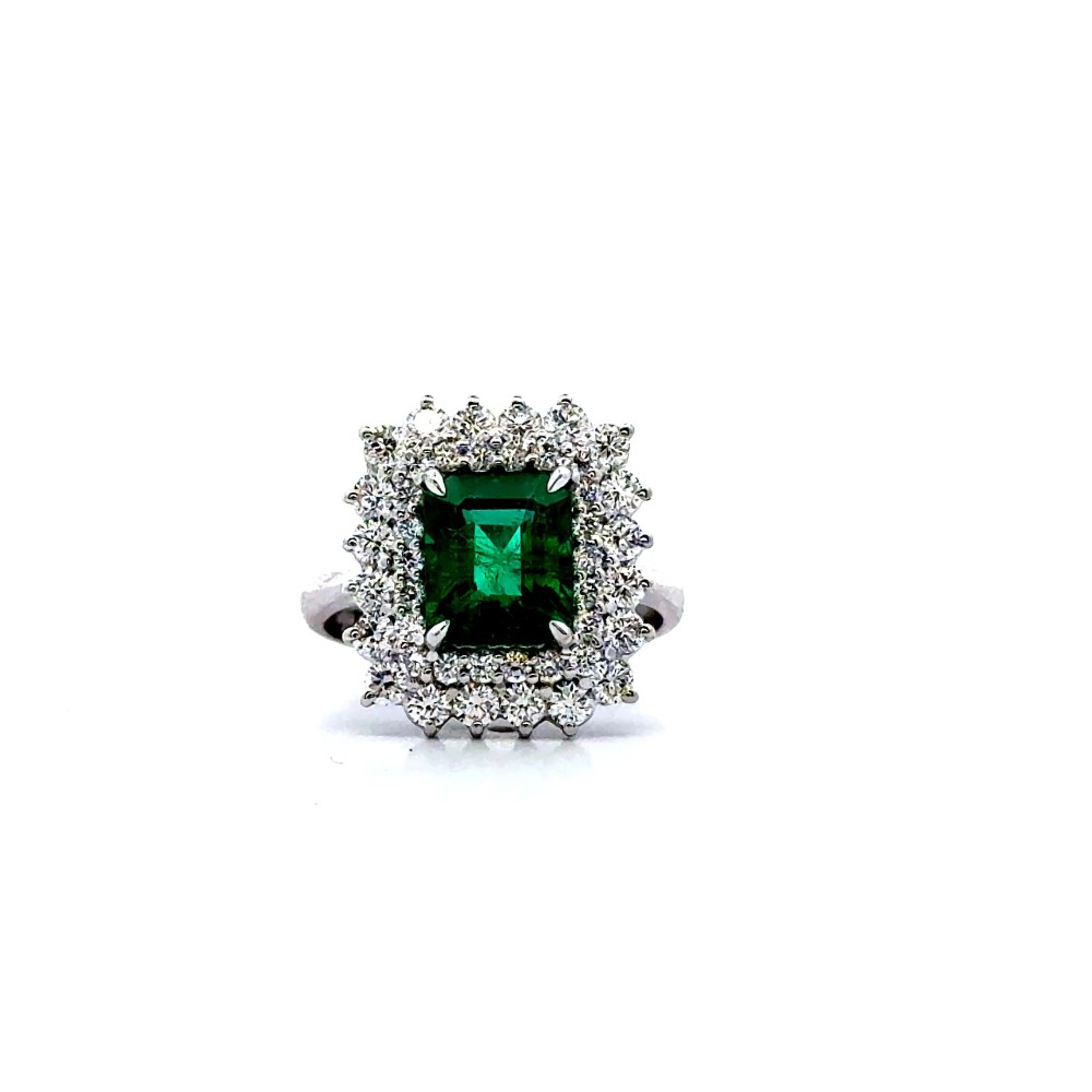 Anello con Smeraldo Naturale  Rettangolare 2,64 ct  e Doppio Giro di Diamanti Naturali 1,27