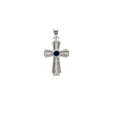 Ciondolo Croce con Zaffiro 0,13 ct e Diamanti 0,13 ct in Oro Bianco