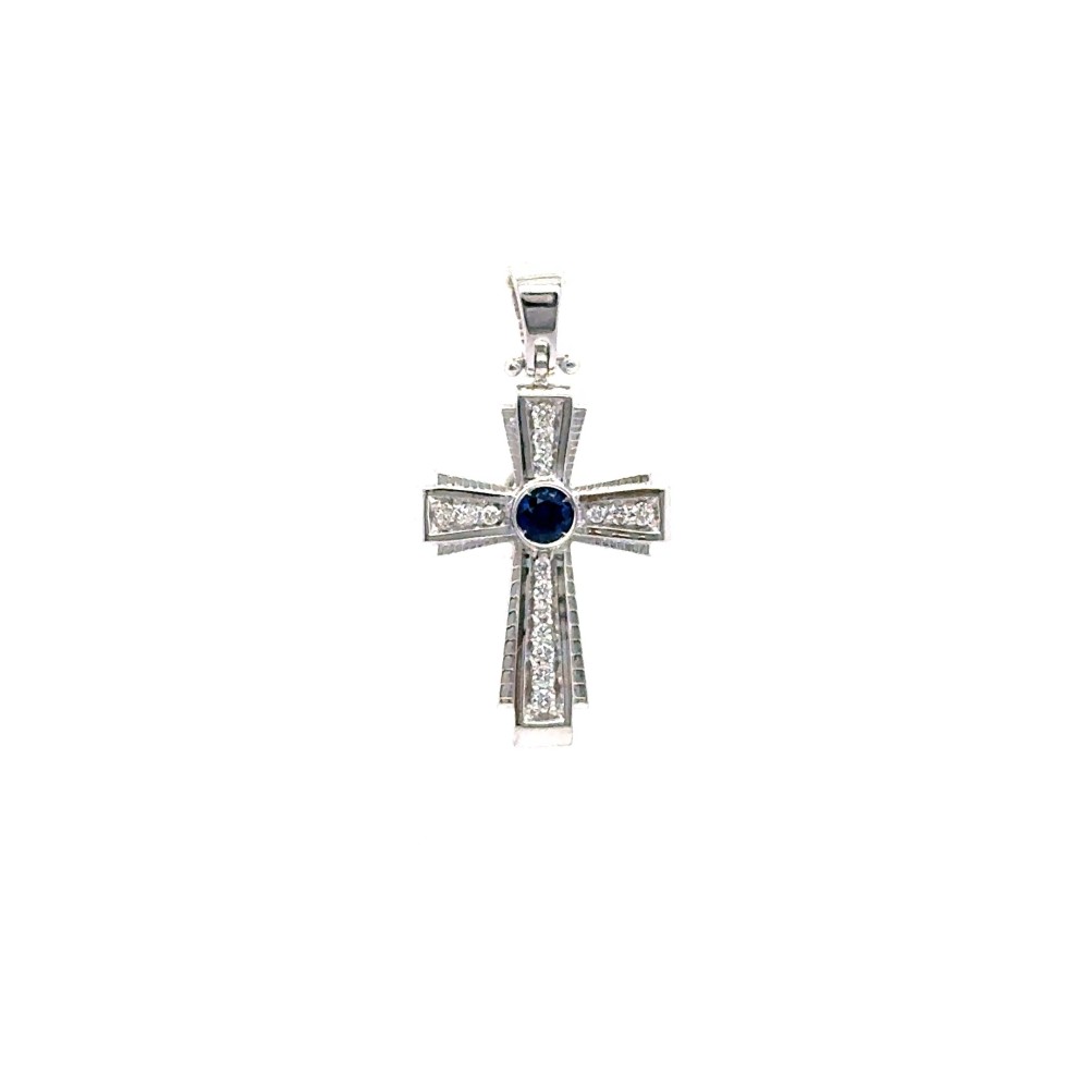 Ciondolo Croce con Zaffiro 0,13 ct e Diamanti 0,13 ct in Oro Bianco