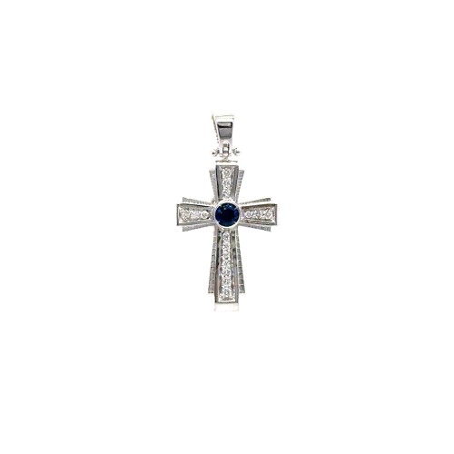 Ciondolo Croce con Zaffiro 0,13 ct e Diamanti 0,13 ct in Oro Bianco