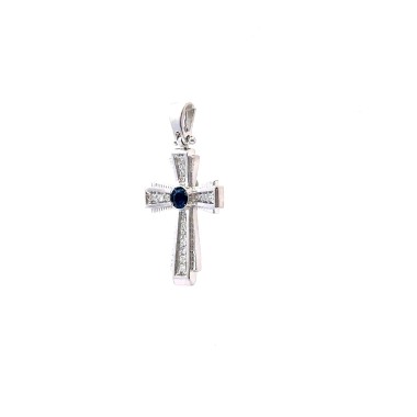 Ciondolo Croce con Zaffiro 0,13 ct e Diamanti 0,13 ct in Oro Bianco