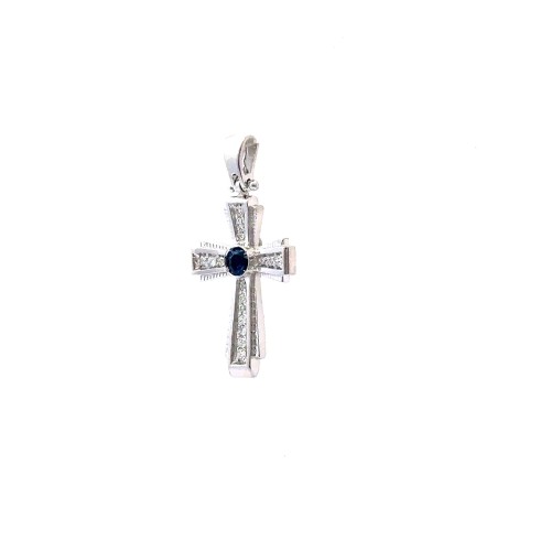 Ciondolo Croce con Zaffiro 0,13 ct e Diamanti 0,13 ct in Oro Bianco