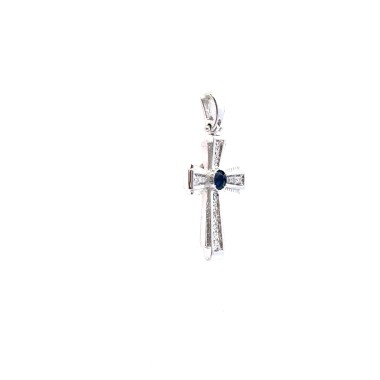 Ciondolo Croce con Zaffiro 0,13 ct e Diamanti 0,13 ct in Oro Bianco