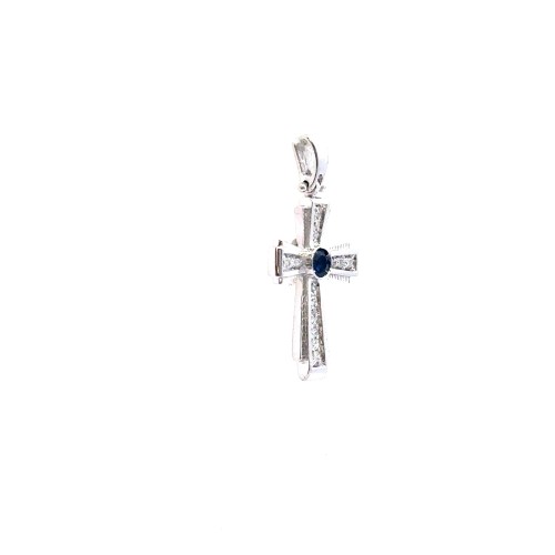 Ciondolo Croce con Zaffiro 0,13 ct e Diamanti 0,13 ct in Oro Bianco