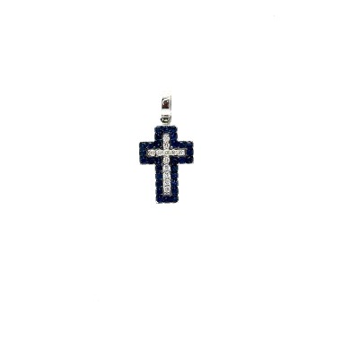 Ciondolo Croce con Zaffiri 0,34 e Diamanti 0,10 ct in Oro Bianco
