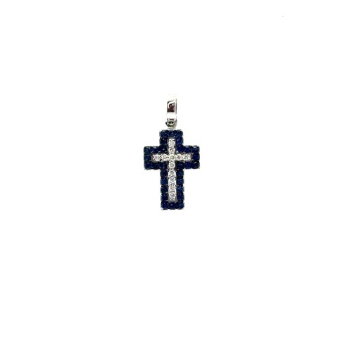 Ciondolo Croce con Zaffiri 0,34 e Diamanti 0,10 ct in Oro Bianco