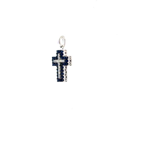 Ciondolo Croce con Zaffiri 0,34 e Diamanti 0,10 ct in Oro Bianco