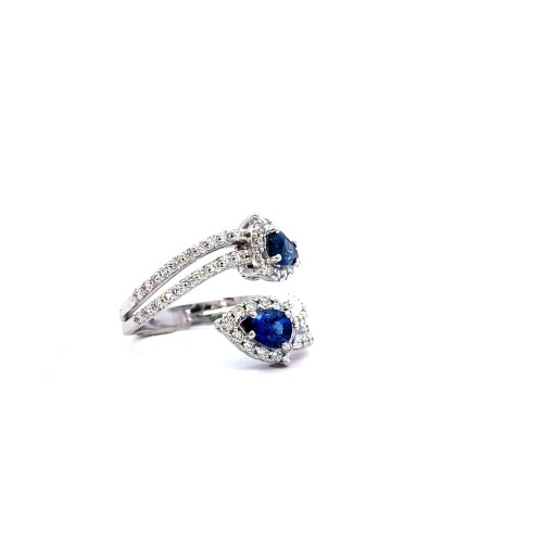 Anello Contrarié con Zaffiri Blu a Goccia 1,12 ct e Diamanti 0,75 ct in Oro Bianco