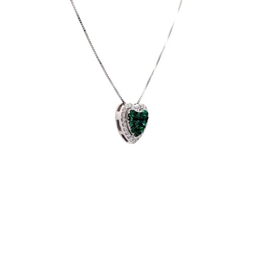 Collana con Ciondolo a Cuore Con Pavé Di con Smeraldi 0,30 ct e Diamanti 0,23 ct in Oro Bianco