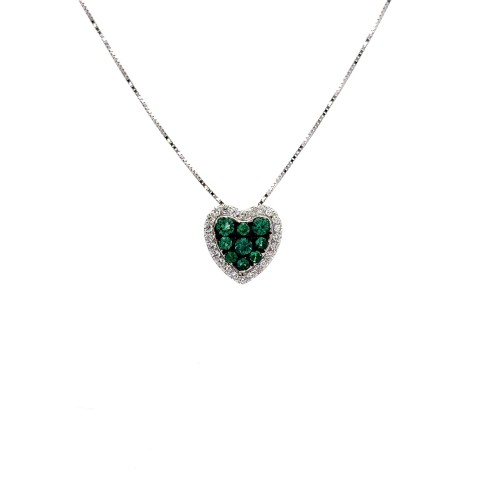Collana con Ciondolo a Cuore Con Pavé Di con Smeraldi 0,30 ct e Diamanti 0,23 ct in Oro Bianco